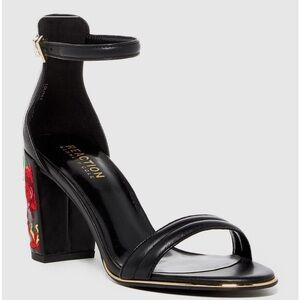 Kenneth Cole New York Black Floral High Heel Sandals EUC suede Leather